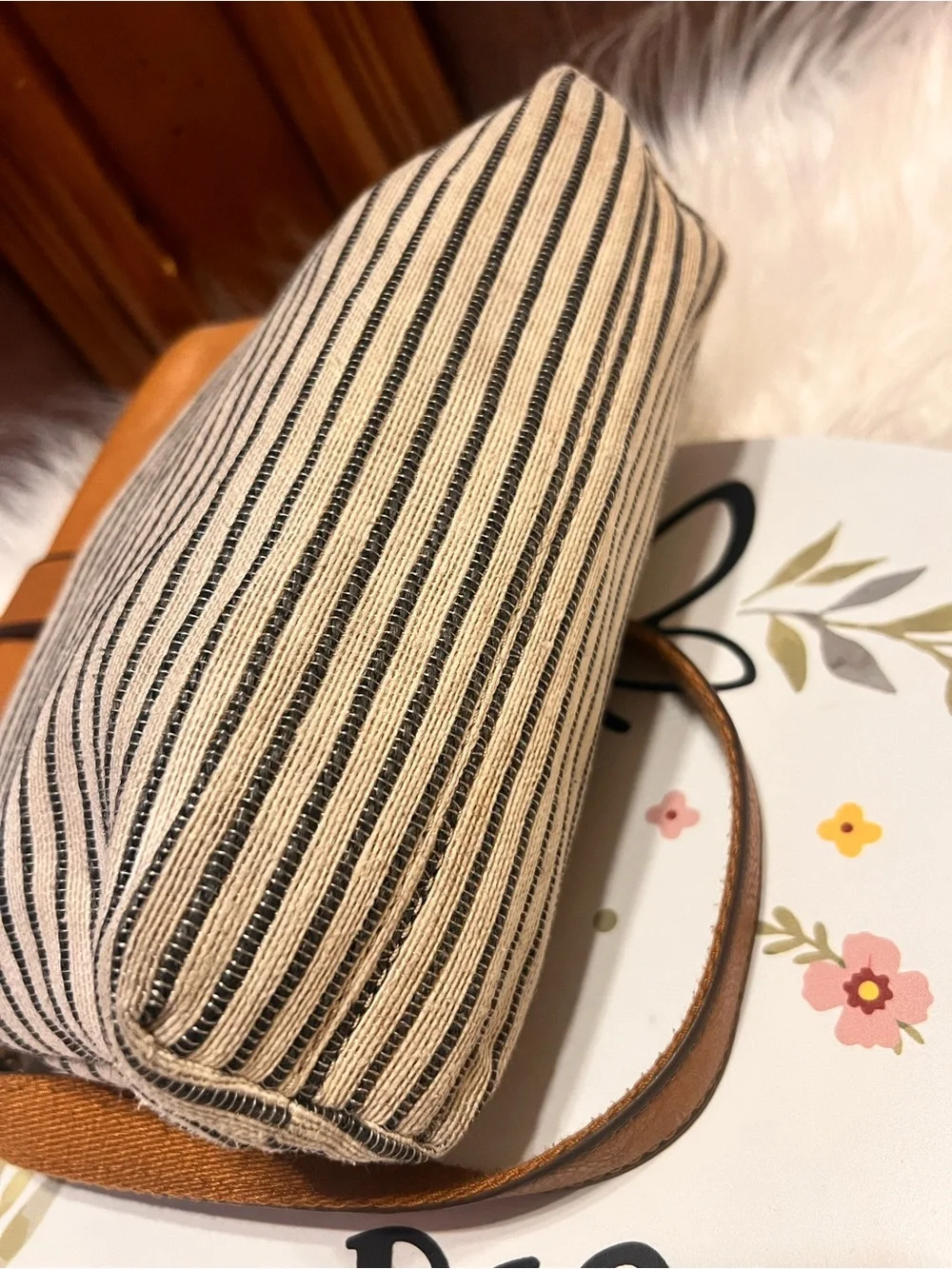 Fossil Tan & Cream Leather  with Striped Canvas Pocket crossbody bag
